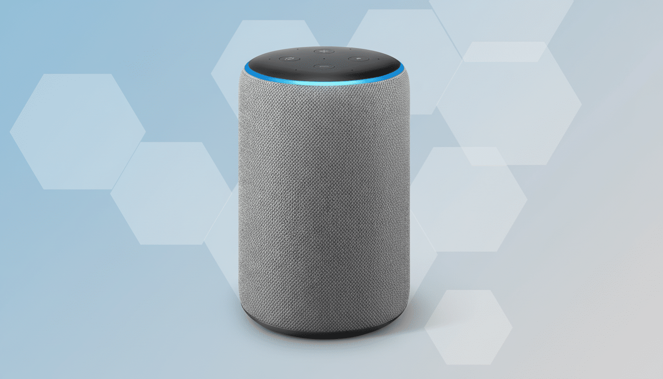 A gray Amazon Echo smart speaker with a blue light ring on top, set against a professional light blue and white gradient background with subtle hexagonal patterns.
