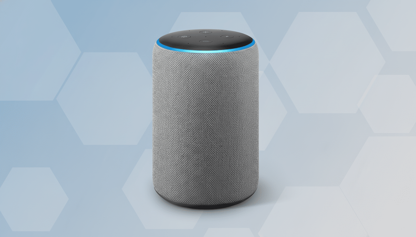 An Amazon Echo speaker with a gray fabric exterior and a glowing blue light ring on top, set against a professional light blue and white geometric background.