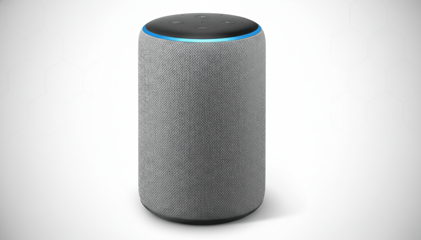 An Amazon Echo speaker with a gray fabric exterior and a blue light ring on top, set against a professional white and light gray patterned background.
