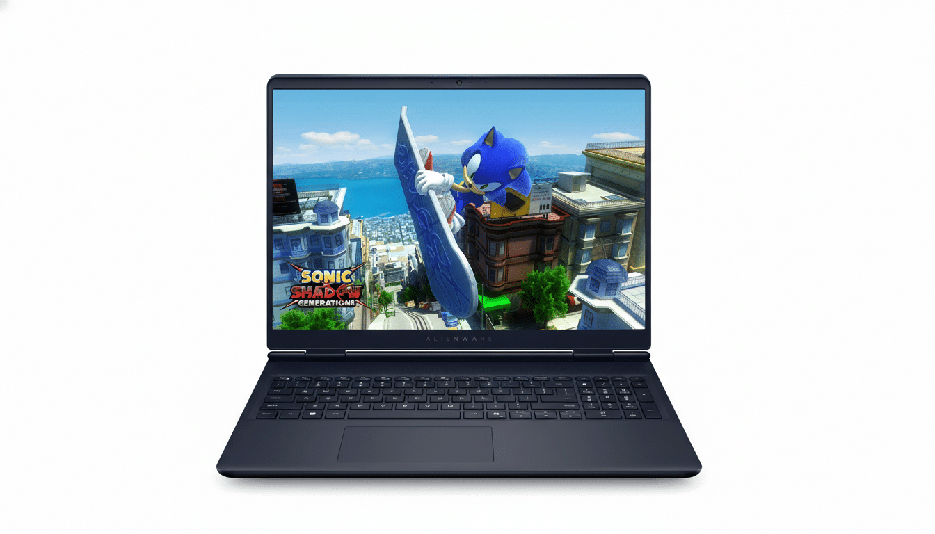 A dark blue Alienware laptop displaying the Sonic Shadow Generations game on its screen, set against a clean white background.
