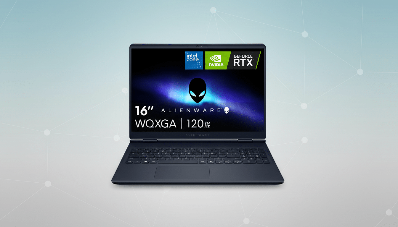 A dark blue Alienware gaming laptop with a 16-inch WQXGA 120Hz display, featuring Intel Core i7 and NVIDIA GeForce RTX logos on the screen, set against a professional light blue and grey patterned background.