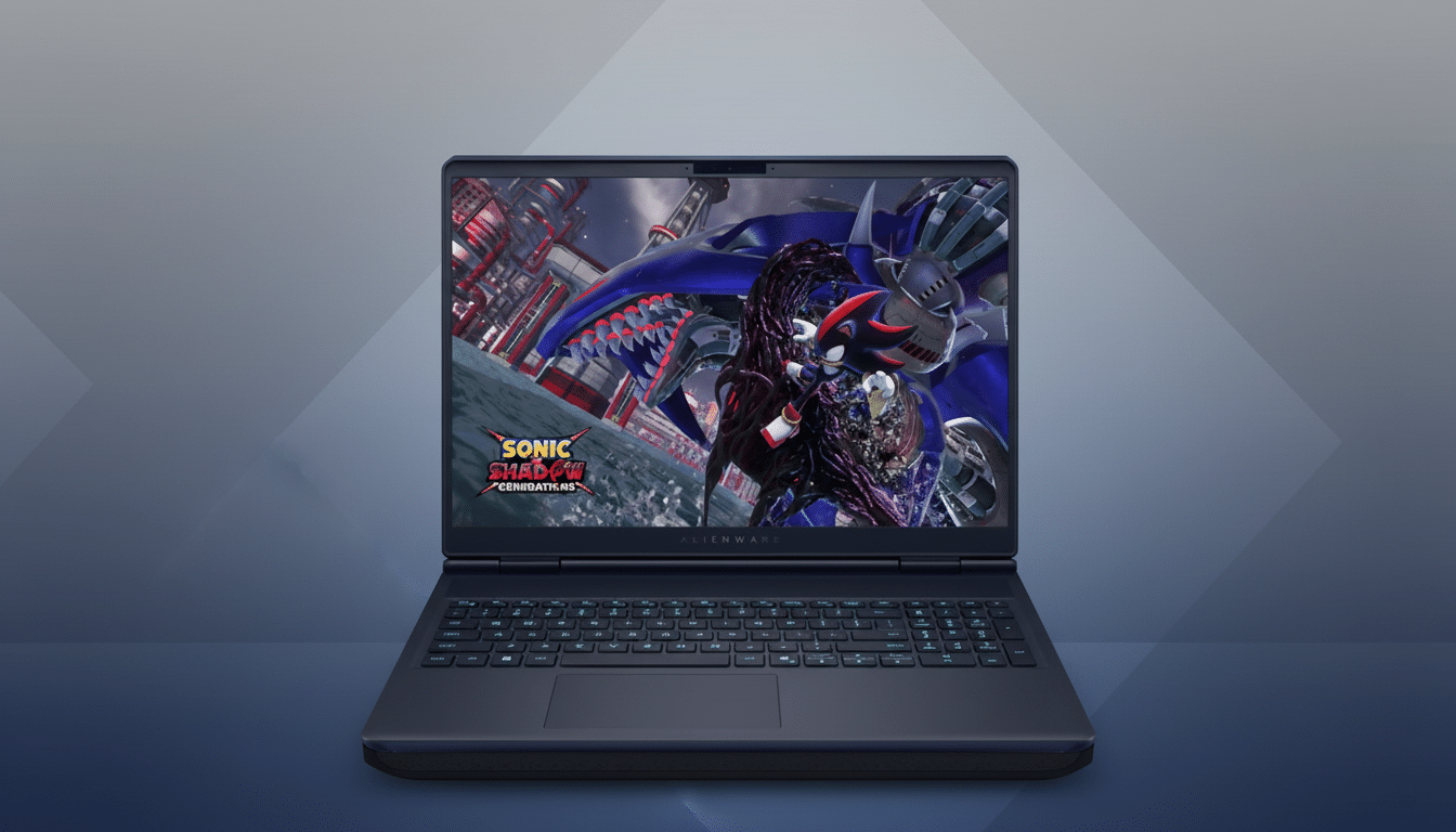 A dark grey Alienware gaming laptop displaying the Sonic Shadow Generations game on its screen, set against a professional blue and grey gradient background.