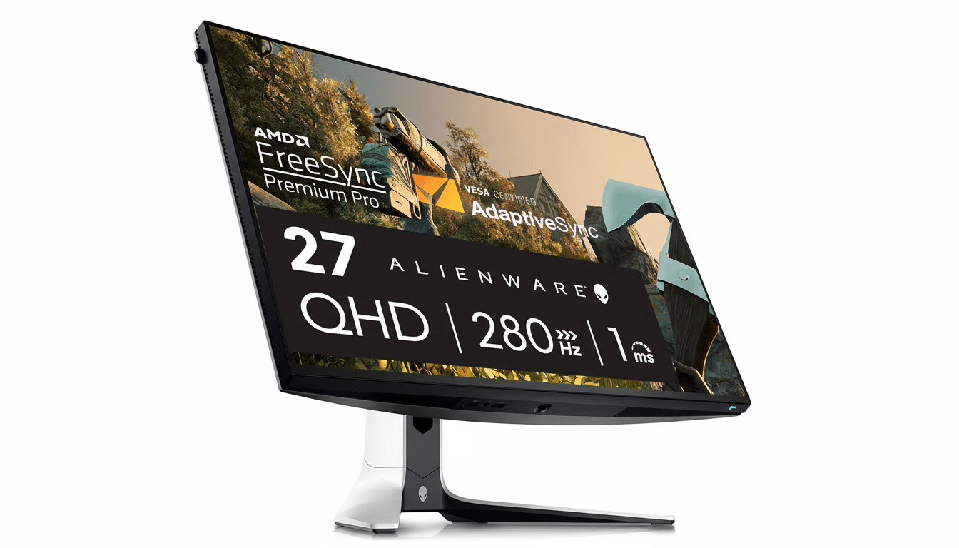 An Alienware 27-inch QHD gaming monitor with a 280Hz refresh rate and 1ms response time, featuring AMD FreeSync Premium Pro and VESA Certified AdaptiveSync, set against a clean white background.