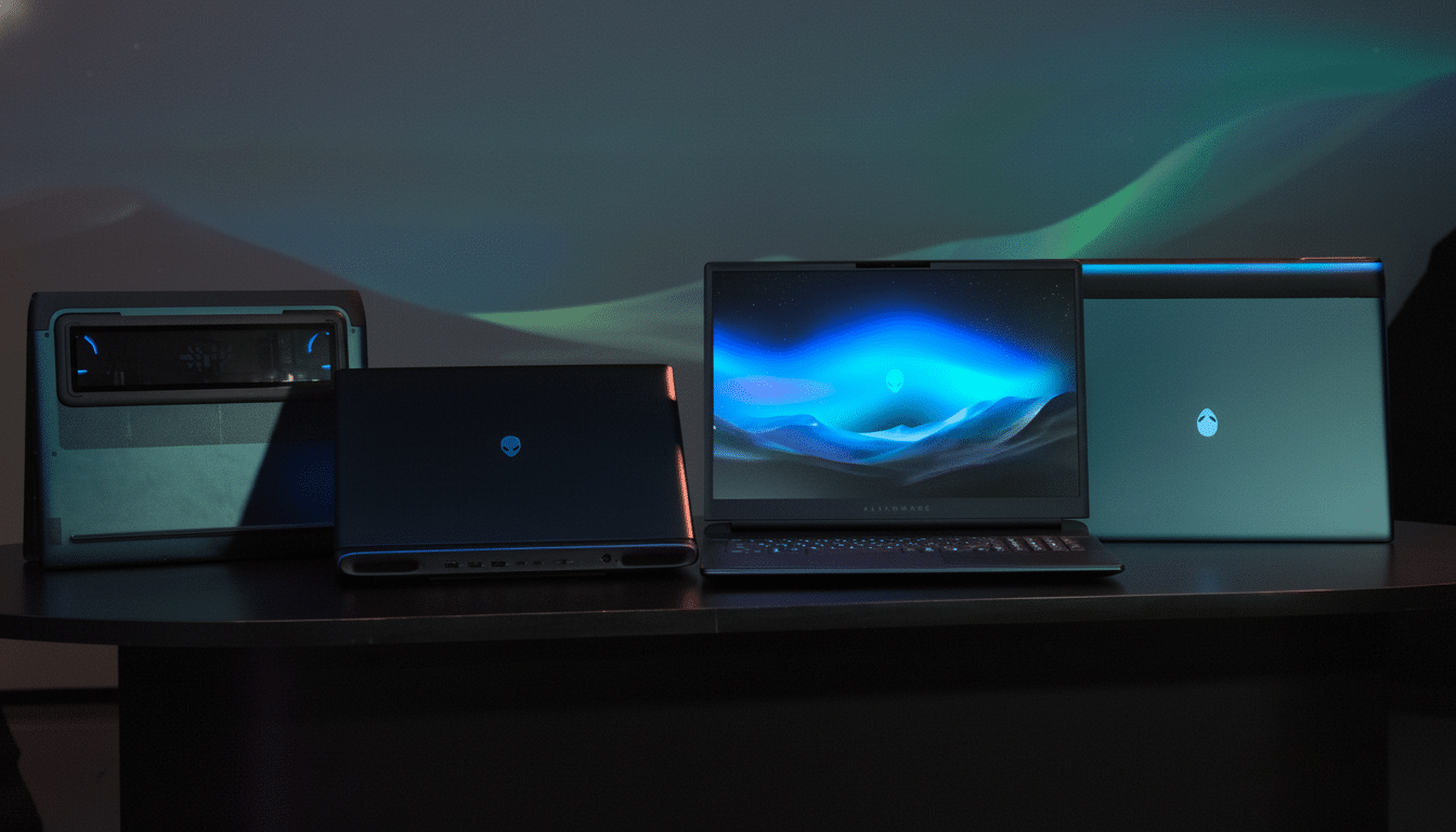 A collection of Alienware laptops and a desktop unit displayed on a dark surface, with a projected abstract blue and green landscape in the background.