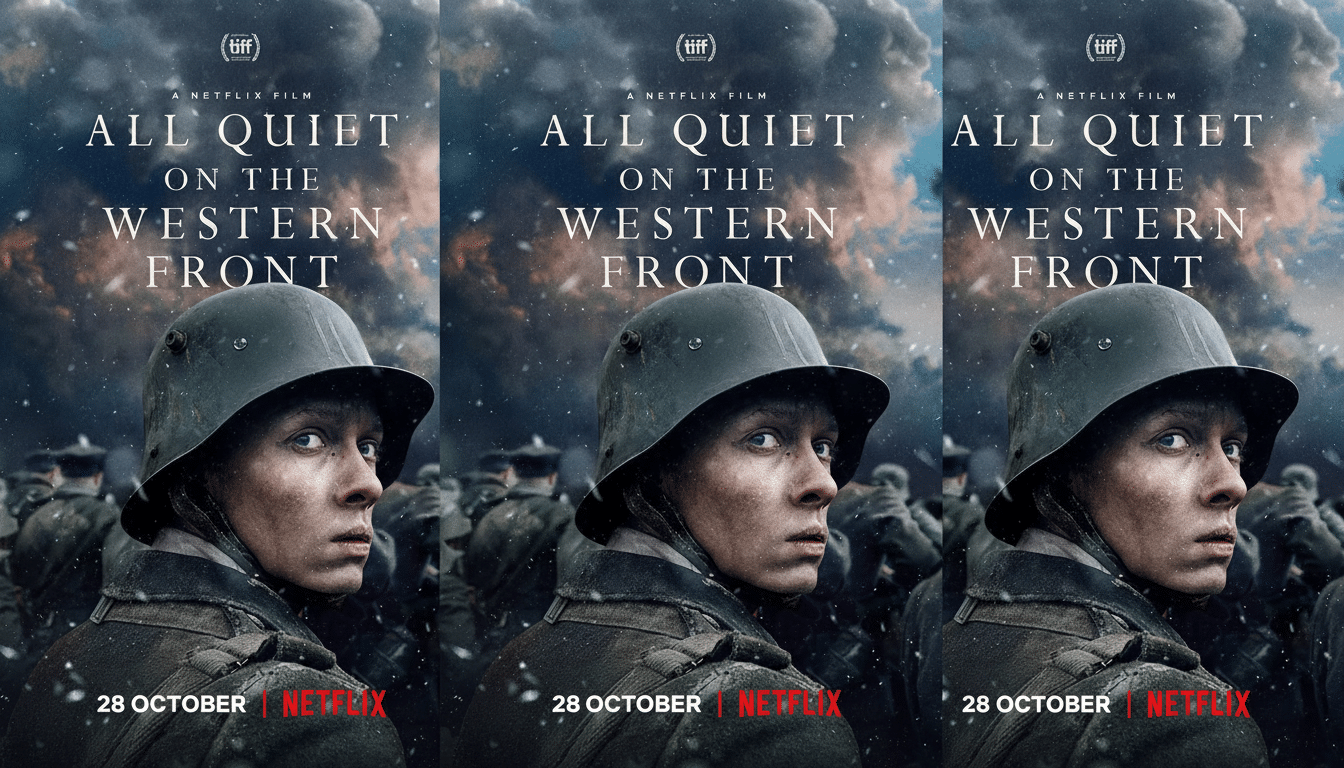 The movie poster for All Quiet on the Western Front resized to a 16:9 aspect ratio, featuring a soldier in a helmet looking over their shoulder, with the original background maintained.