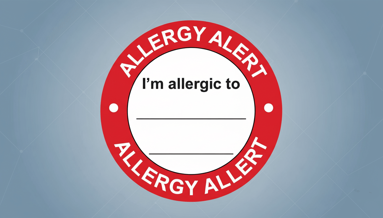 A red circular ALLERGY ALERT label with a white center for writing in specific allergies, set against a professional flat design background with soft patterns.