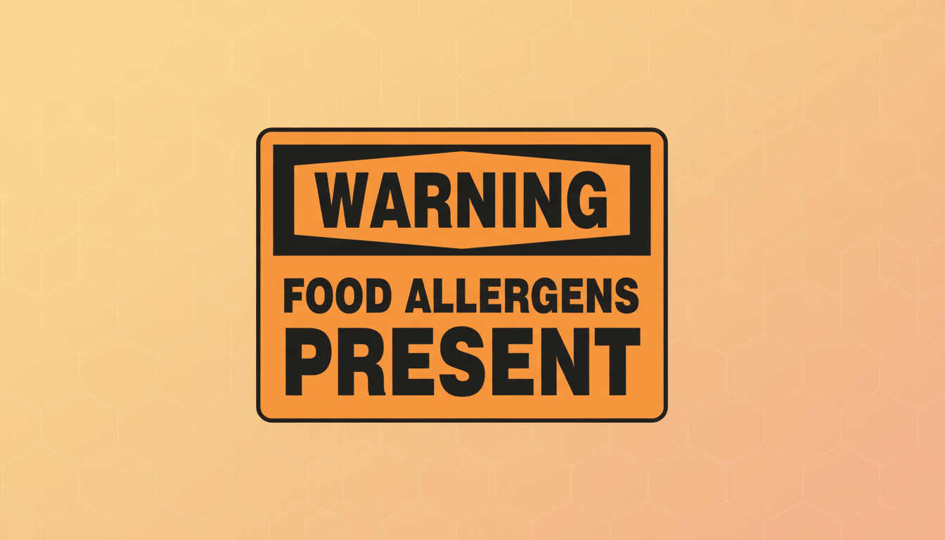 A warning sign with a black border and an orange background, stating WARNING FOOD ALLERGENS PRESENT in black capital letters. The sign is centered on a light orange background with a subtle hexagonal pattern.