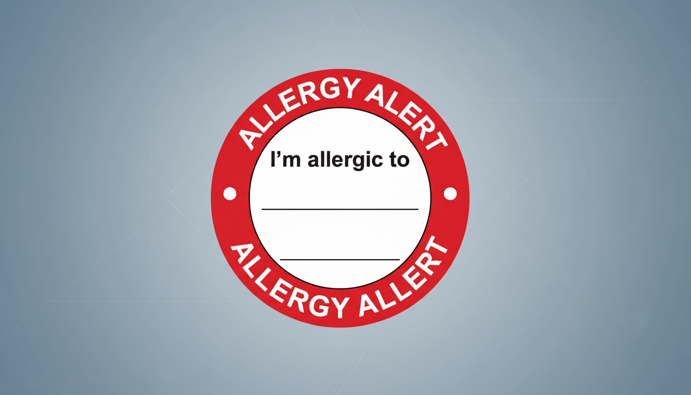 A red circular ALLERGY ALERT label with a white center for writing in specific allergies, set against a professional flat design background with soft patterns and gradients.