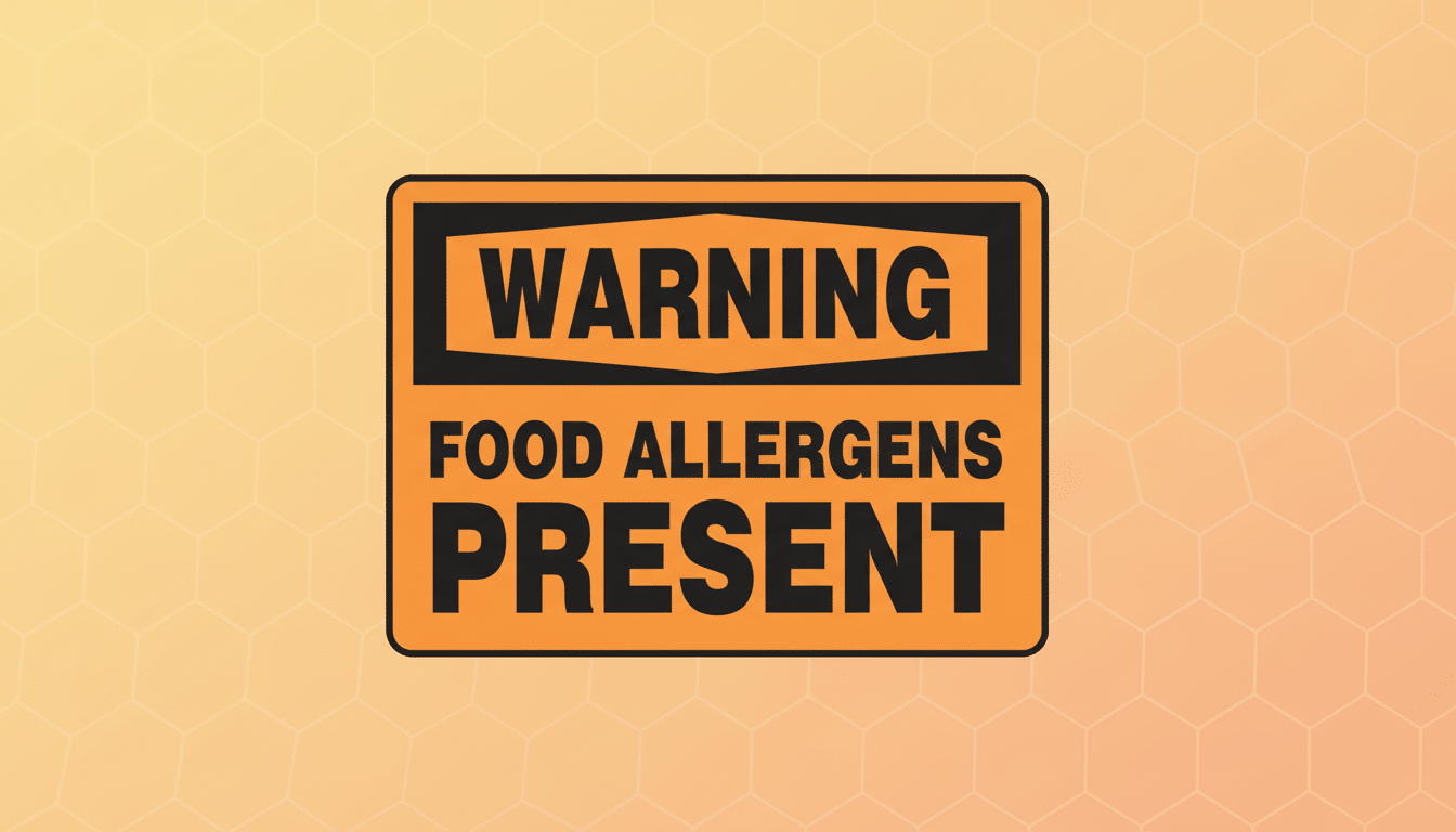 A warning sign with a black border and an orange background. The word WARNING is in black text on an orange rectangle at the top. Below it, FOOD ALLERGENS PRESENT is written in black text. The sign is centered on a soft orange background with a subtle hexagonal pattern.