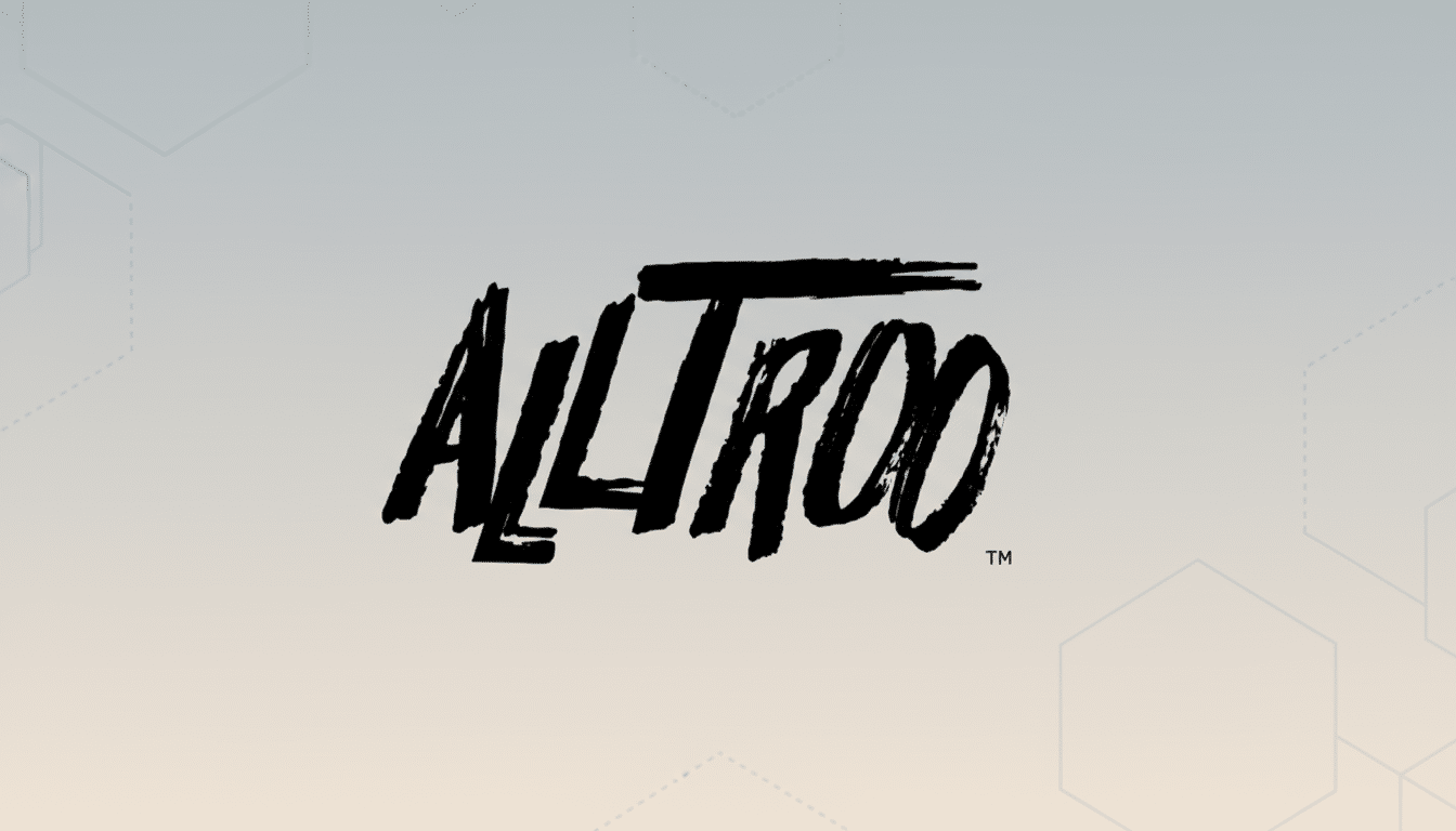 The Alltroo logo, featuring a stylized, brushstroke-like font in black, centered on a professional flat design background with a soft gradient from light gray to a hint of peach, and subtle hexagonal patterns.