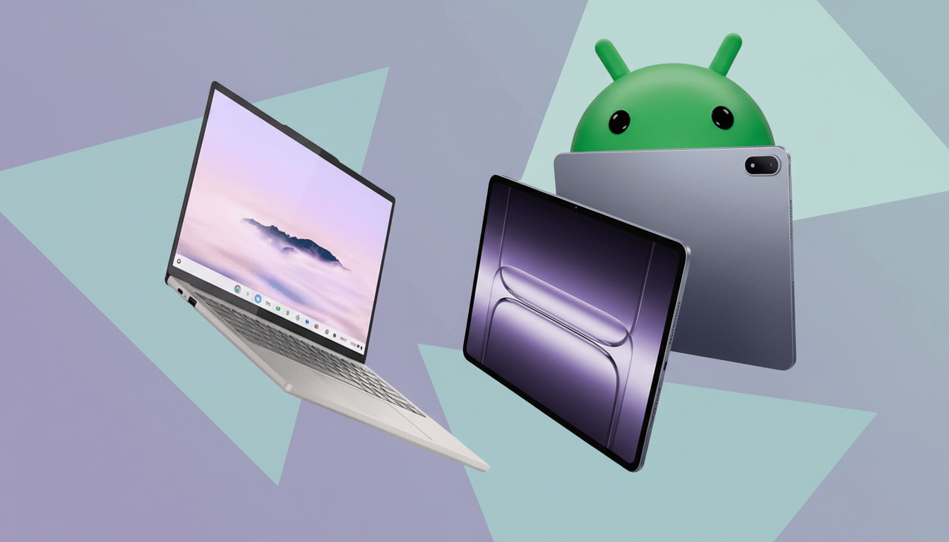 A laptop, two tablets, and the Android logo are displayed against a background of soft purple and teal geometric shapes.