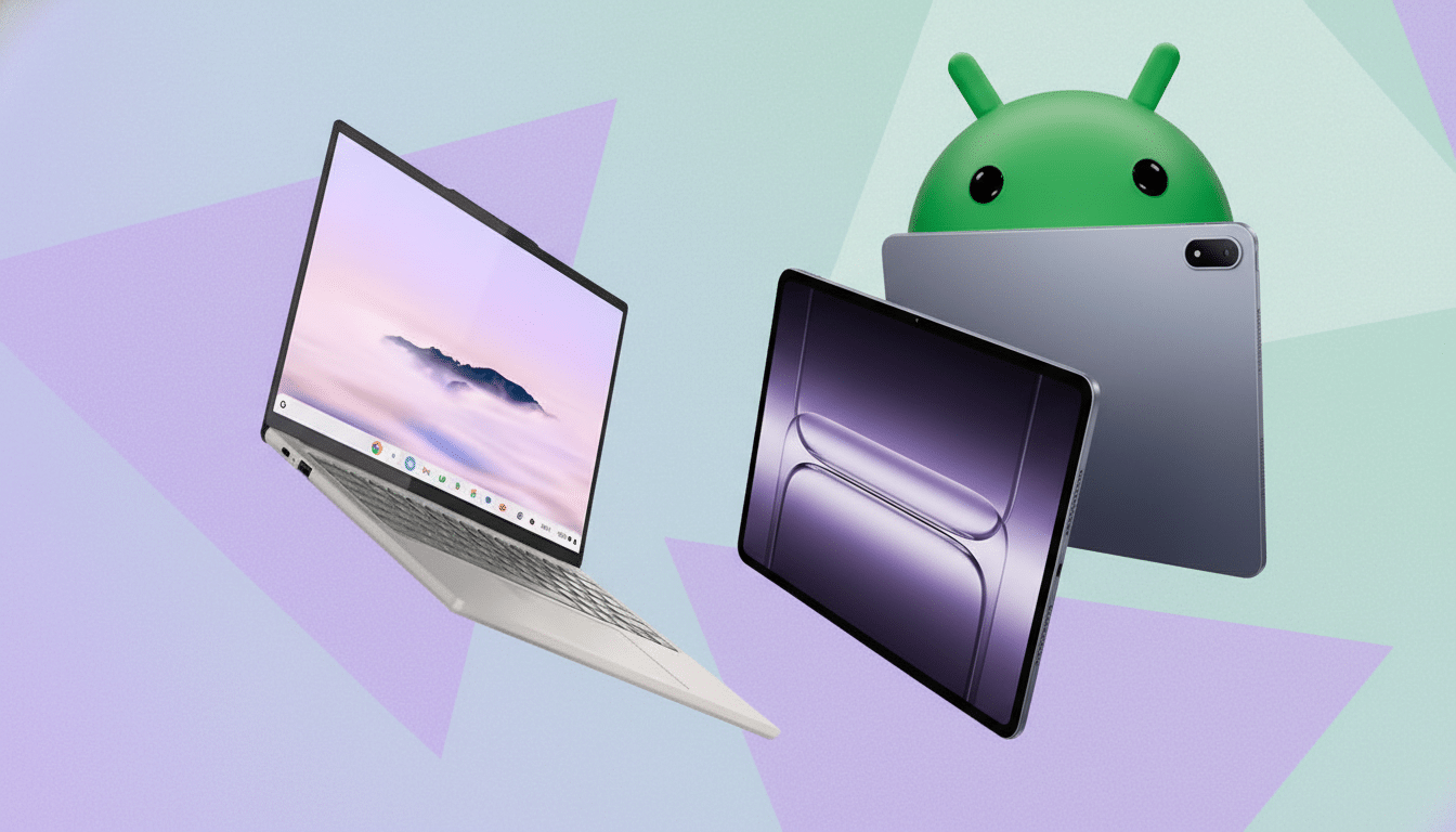 A laptop, a tablet, and an Android logo are displayed against a background of soft, geometric patterns in a 16:9 aspect ratio.