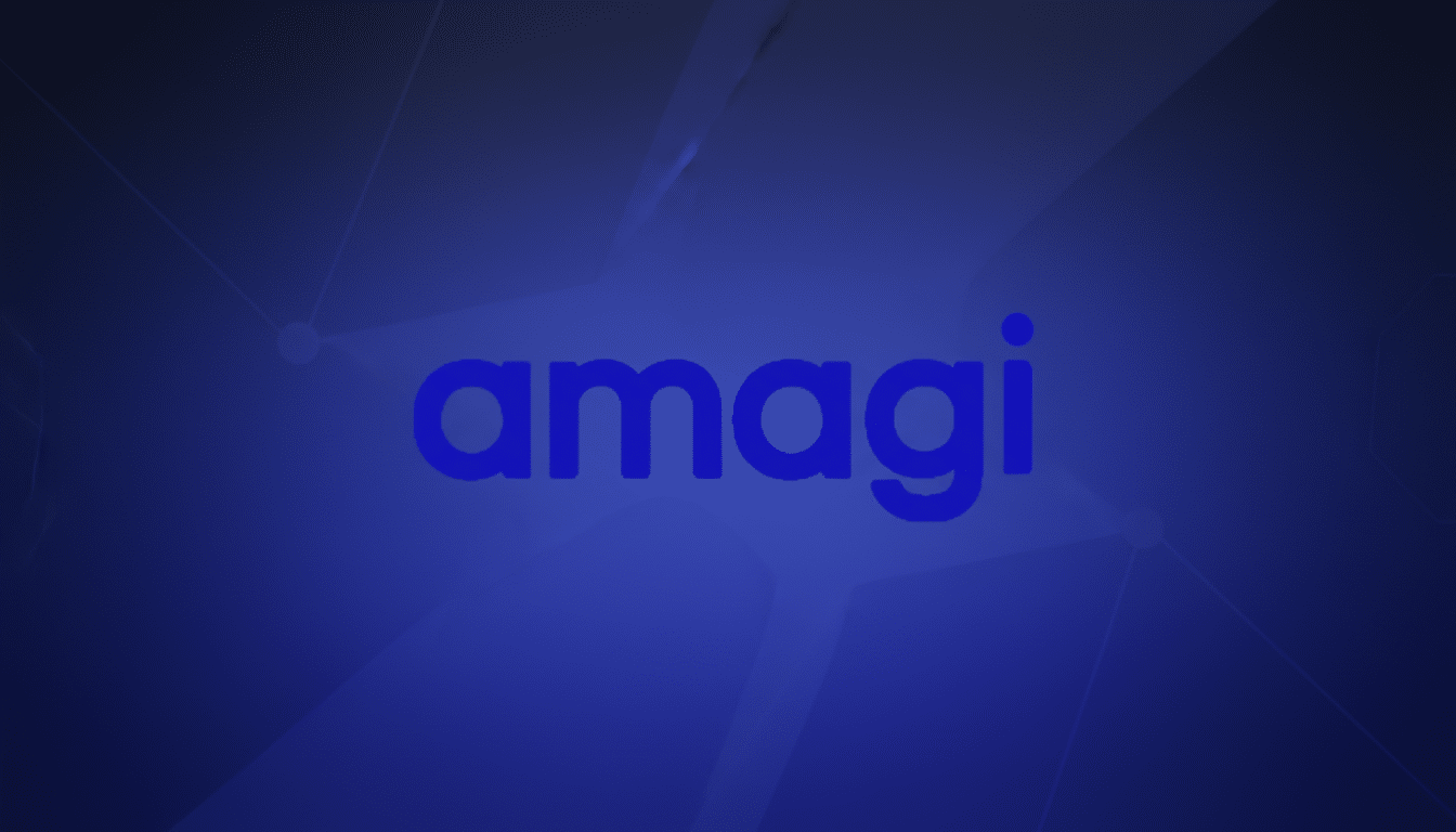 The Amagi logo, in blue, centered on a dark blue background with subtle geometric patterns.