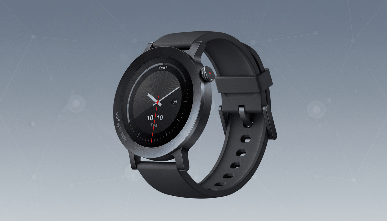 A sleek, dark gray smartwatch with a black strap, displaying Kcal, 10/10, and Tue on its screen, set against a professional light gray background with subtle geometric patterns.