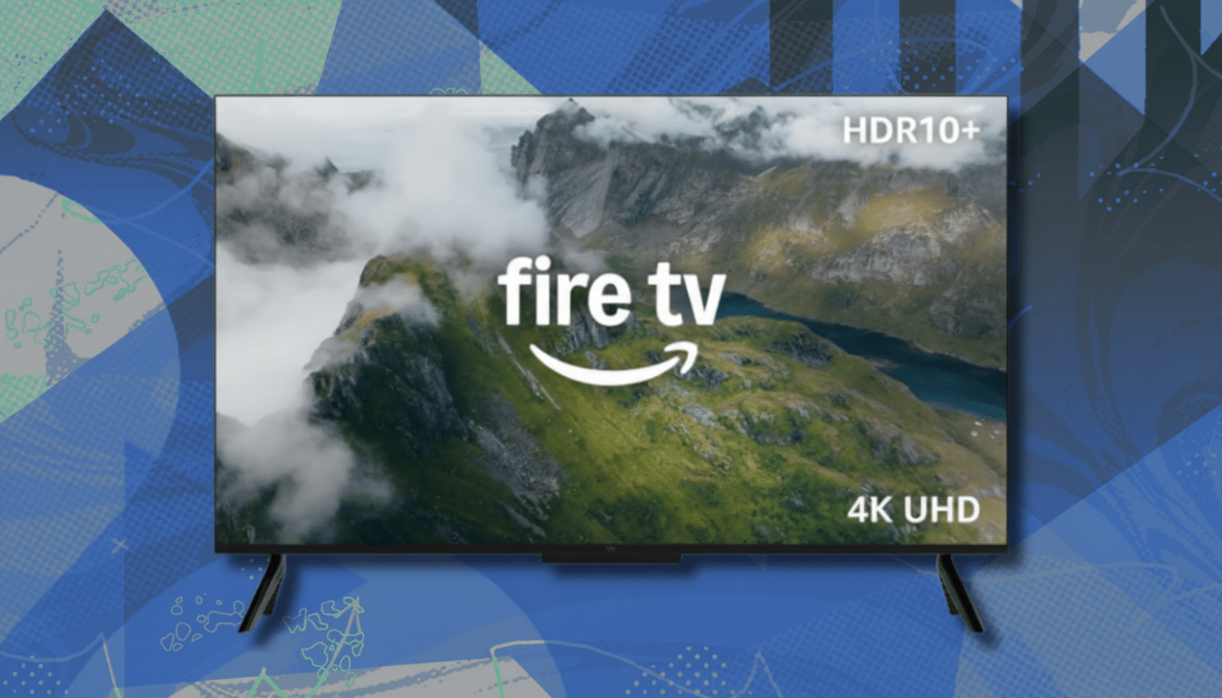 A Fire TV displaying a scenic mountain landscape with fire tv logo, HDR10+, and 4K UHD text on screen.