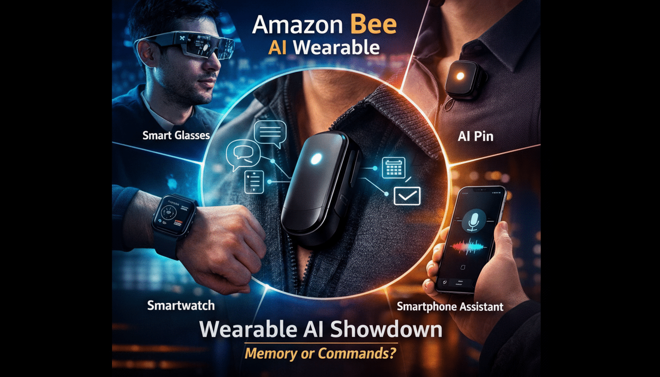 An image showcasing various AI wearable devices, including smart glasses, a smartwatch, an AI pin, and a smartphone assistant, with a central focus on a black AI wearable device clipped to clothing. The text Amazon Bee AI Wearable and Wearable AI Showdown Memory or Commands? are prominently displayed.