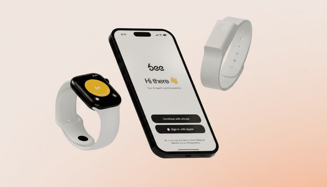 A smartphone displaying the bee app, an Apple Watch, and a white fitness tracker, all presented on a soft, gradient background.