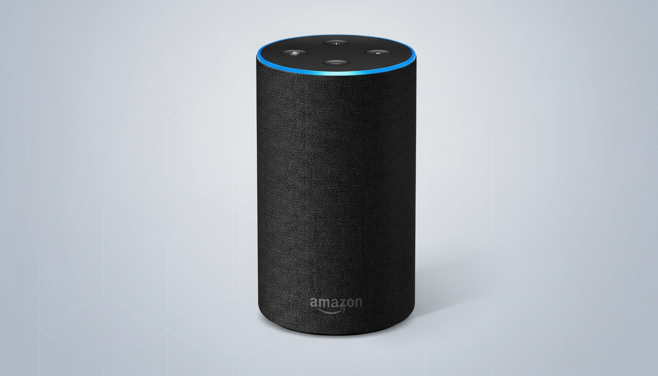 An Amazon Echo smart speaker in black, with a blue light ring at the top, set against a professional light gray background with subtle geometric patterns.