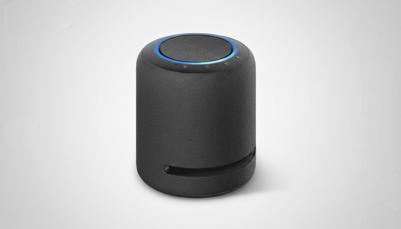 A black cylindrical smart speaker with a blue light ring on top, presented on a professional light gray background with subtle hexagonal patterns.