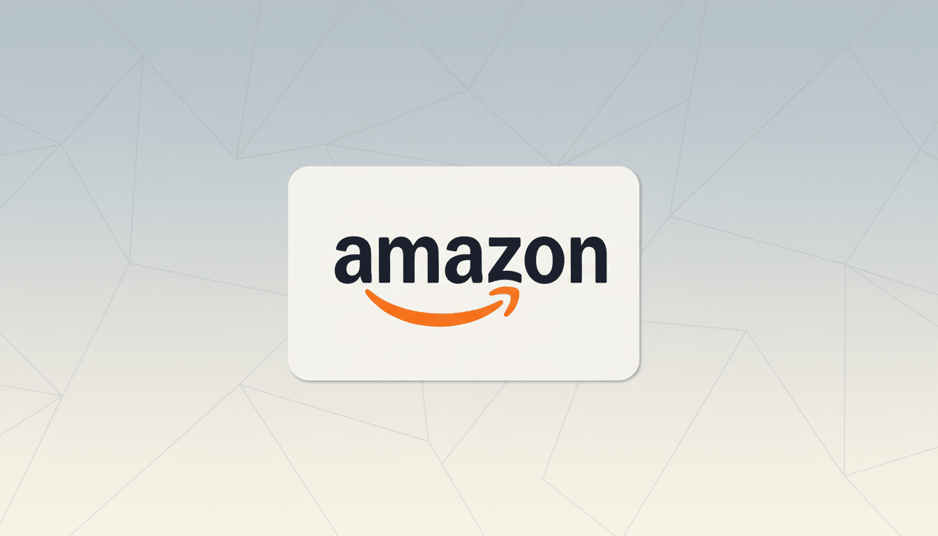 The Amazon logo, featuring the word amazon in black with an orange arrow curving from the a to the z, is centered on a light gray background with a subtle geometric pattern.