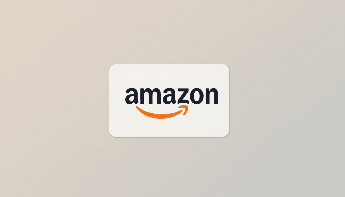 A 16:9 aspect ratio image of an Amazon gift card with a professional flat design background.
