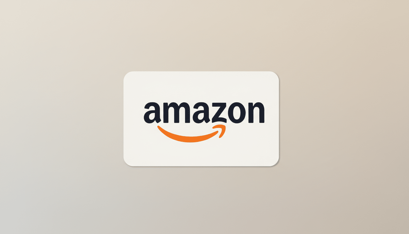 A 16:9 aspect ratio image featuring the Amazon logo on a white card with rounded corners, centered on a professional flat design background with a soft gradient.