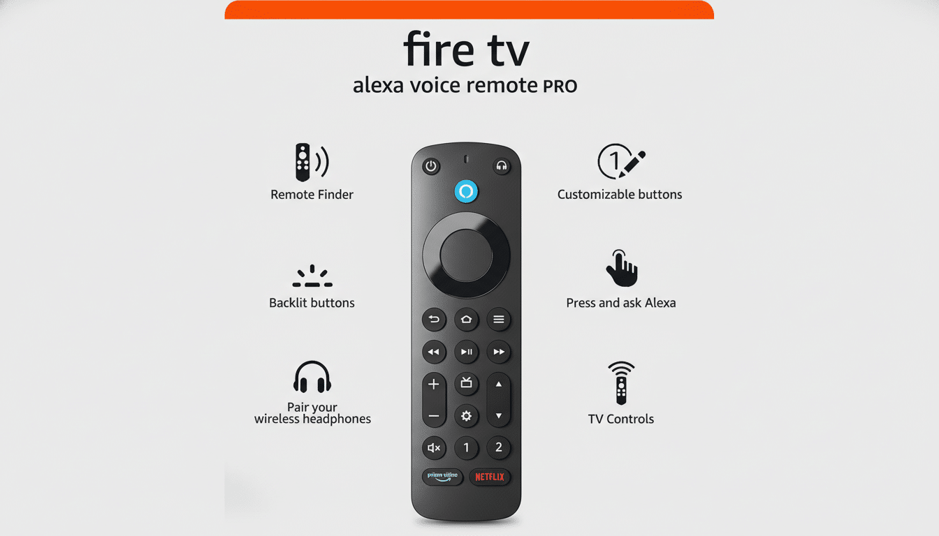 A Fire TV Alexa Voice Remote Pro is centered on a light gray background, with six feature icons and descriptions surrounding it.