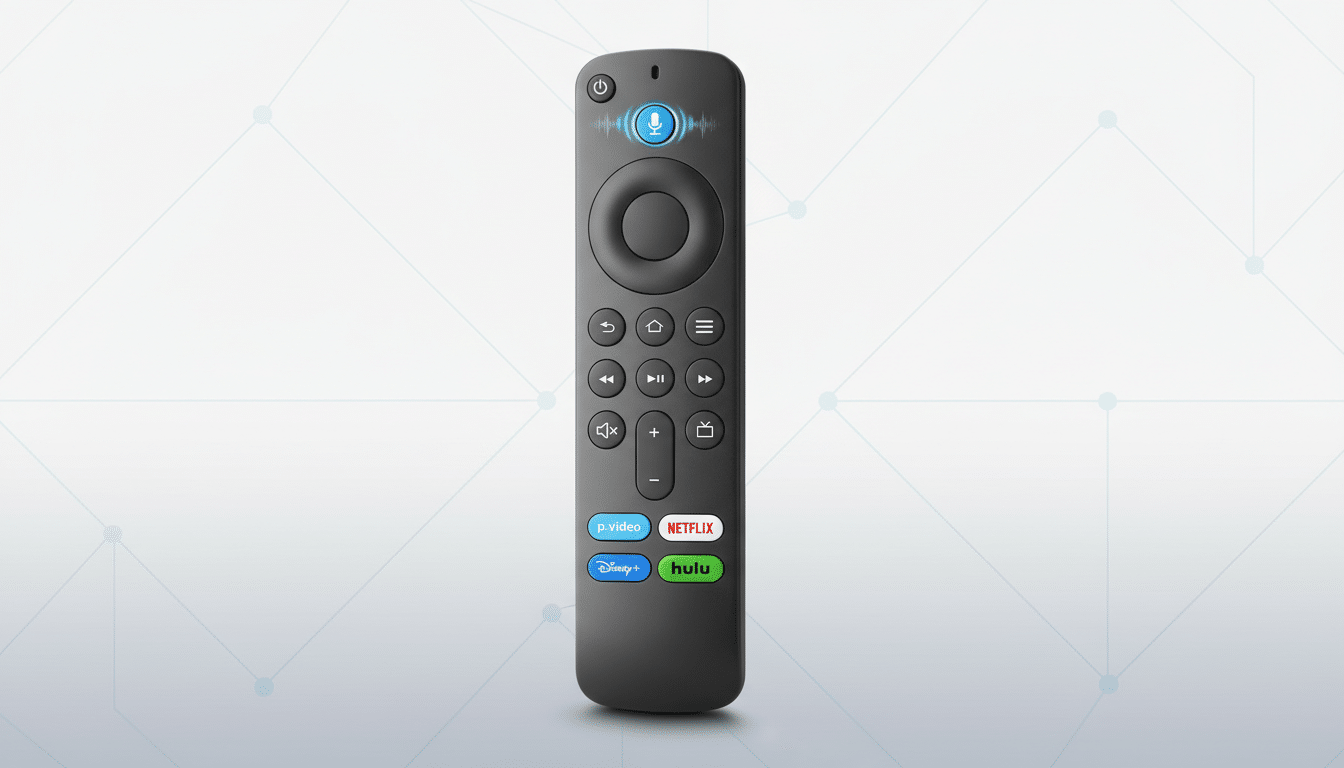 A dark gray Amazon Fire TV remote control is centered on a light gray background with a subtle, abstract geometric pattern. The remote features a circular navigation pad, various control buttons, and dedicated app buttons for Prime Video, Netflix, Disney+, and Hulu.