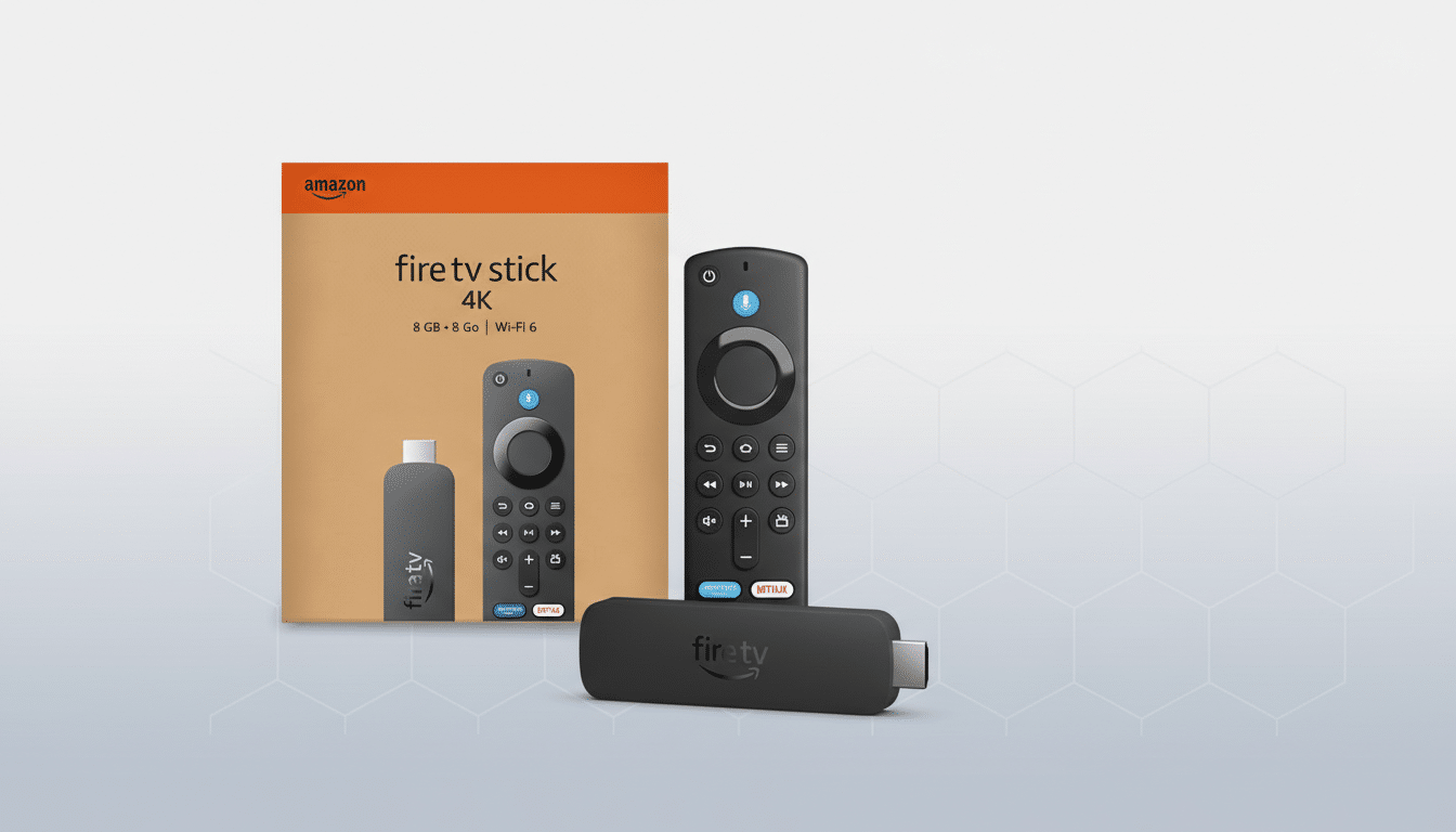 A 16:9 aspect ratio image of an Amazon Fire TV Stick 4K, its remote, and its packaging, set against a professional flat design background with a subtle hexagonal pattern.