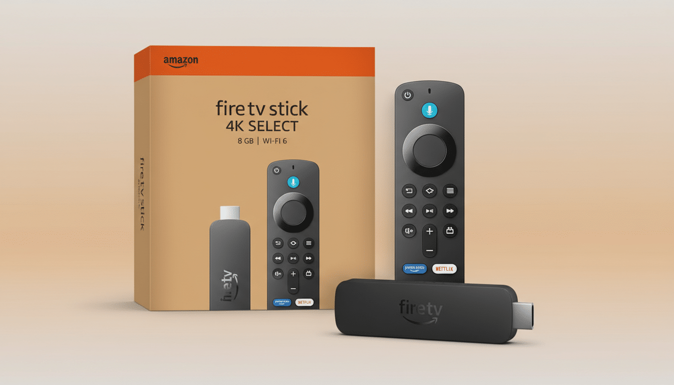 A professional studio shot of the Amazon Fire TV Stick 4K Select, its remote, and its packaging, all presented on a clean, light gradient background.
