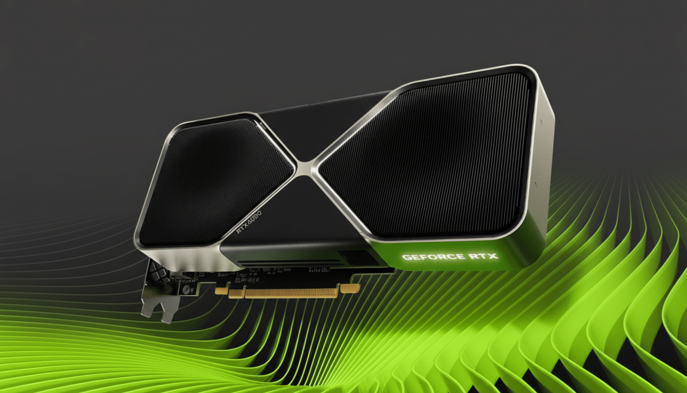 A professional image of an NVIDIA GeForce RTX 4090 graphics card, presented in a 16:9 aspect ratio. The card is black and silver with green accents, resting on a vibrant green wavy pattern against a dark gray background.