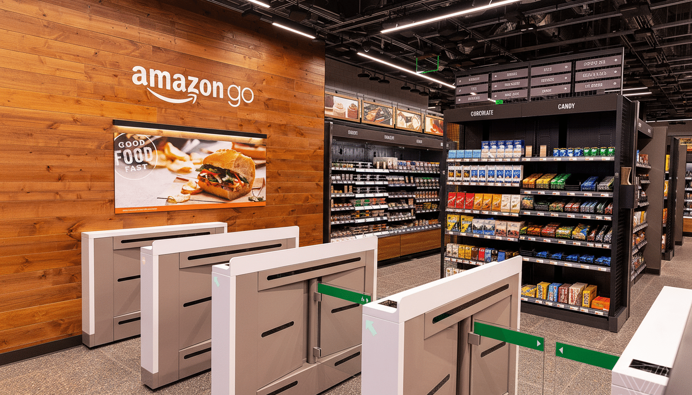 An interior view of an Amazon Go store, featuring the entrance gates, a wooden wall with the Amazon Go logo, and shelves stocked with various food and snack items.