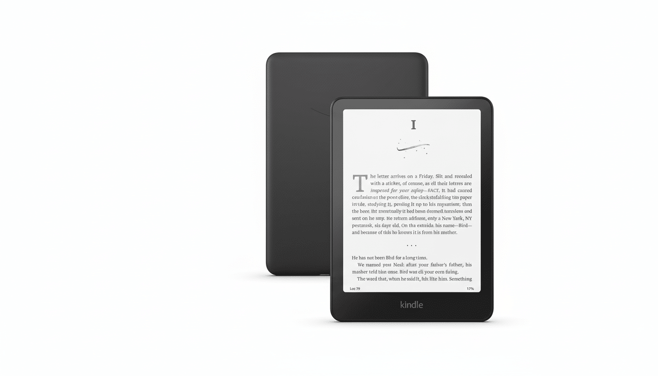 A black Kindle e-reader displaying text, with another Kindle device partially visible behind it, set against a clean white background.
