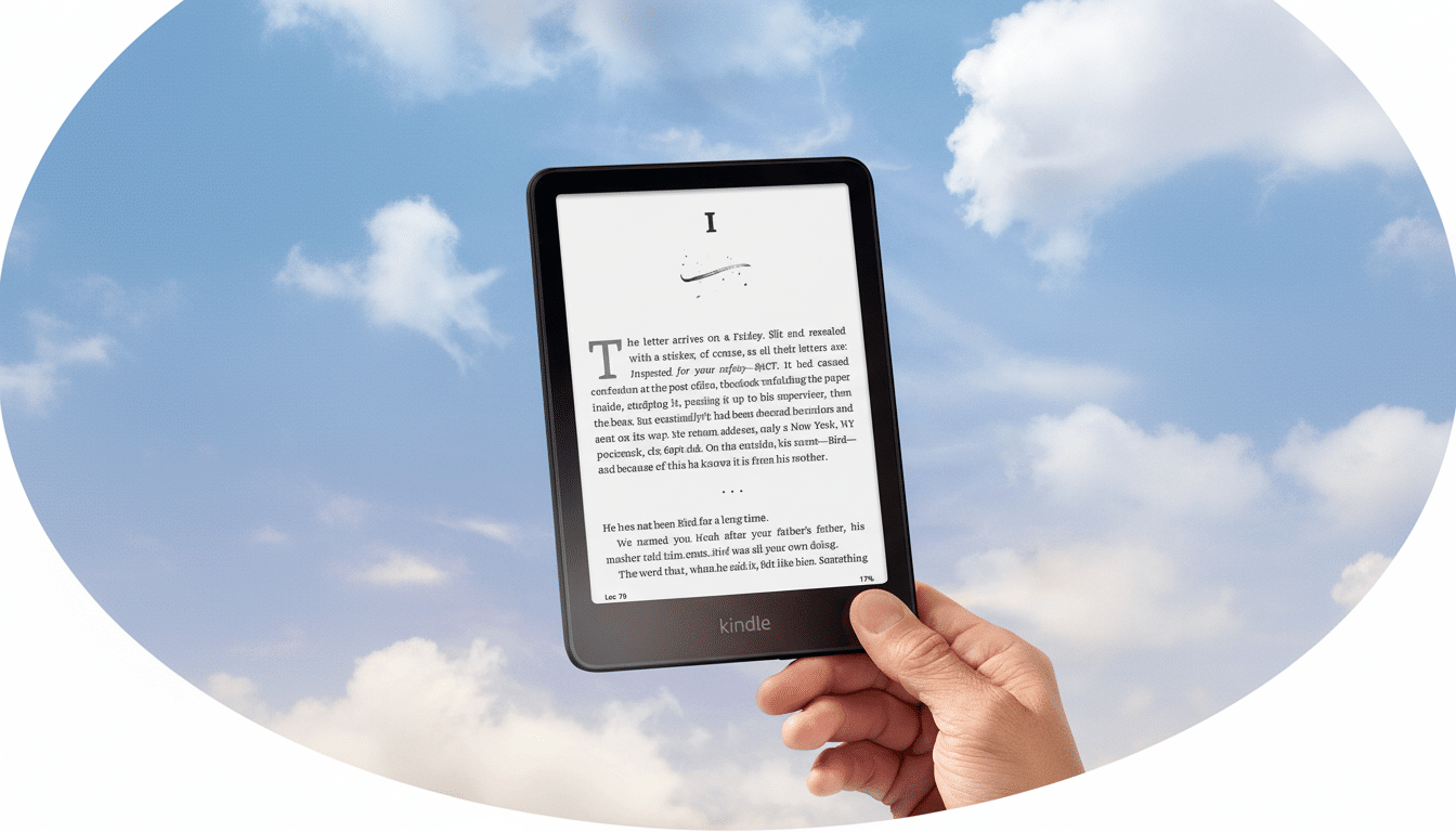 A hand holding a Kindle e-reader against a blue sky with white clouds. The Kindle displays text from a book.