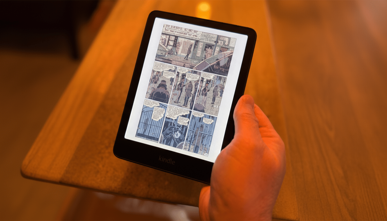 A hand holding a Kindle e-reader displaying a comic book page, resized to a 16:9 aspect ratio with a professionally enhanced appearance.