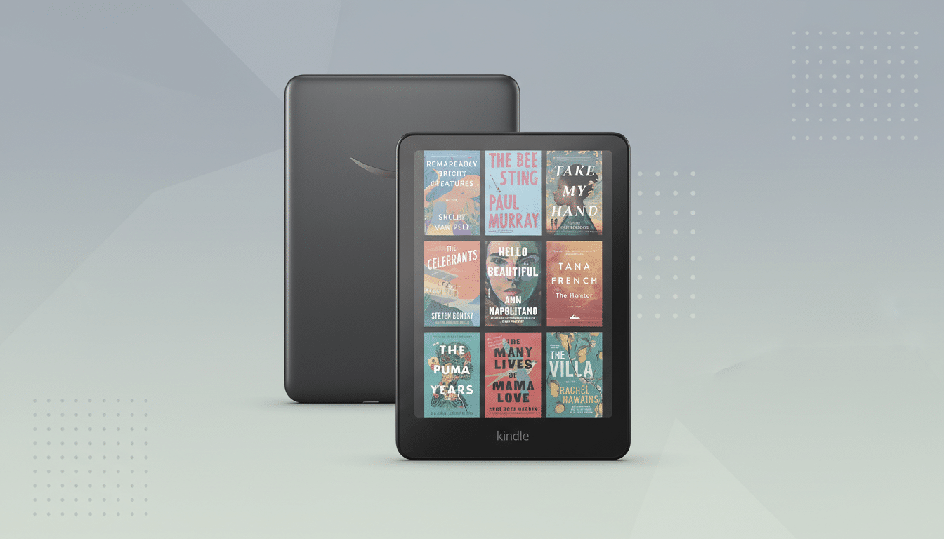 A black Kindle e-reader displaying nine book covers, with another black Kindle device standing behind it, all set against a professional flat gray background with subtle geometric patterns.