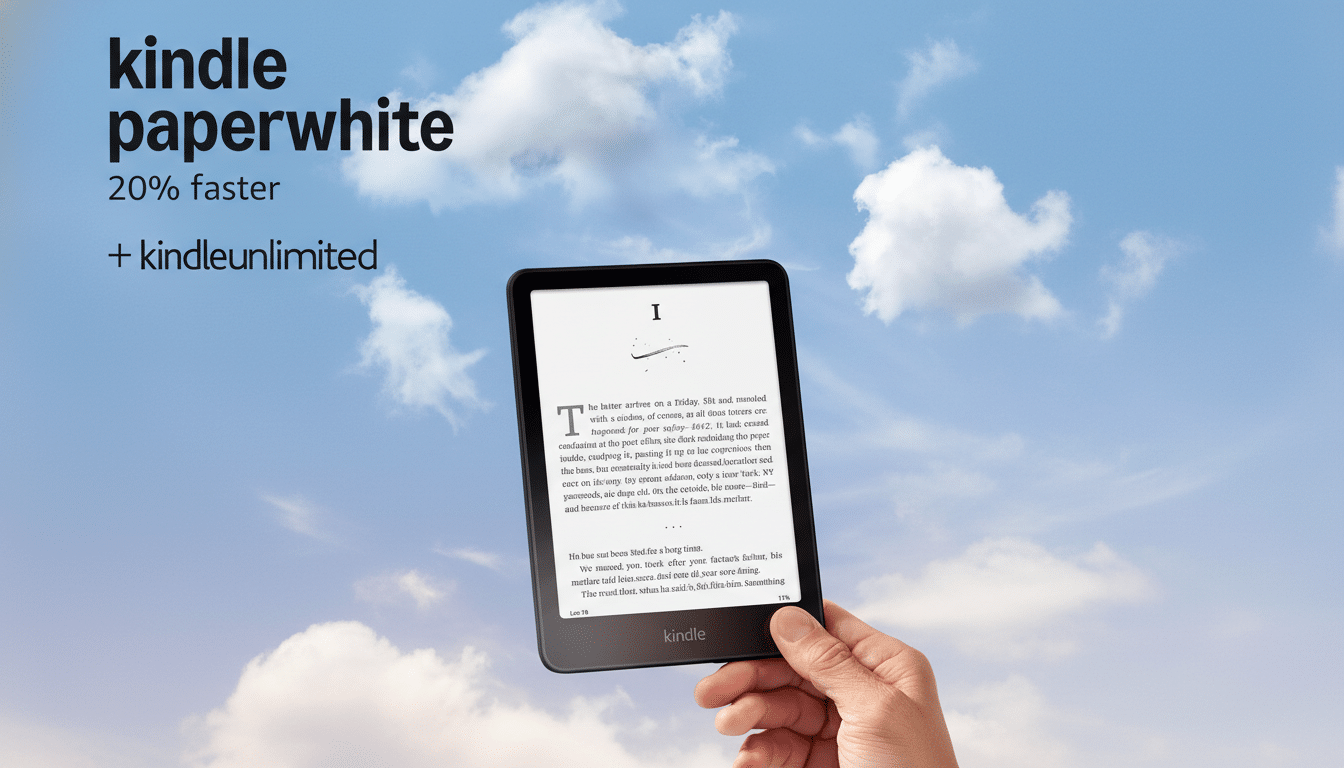 A hand holding a Kindle Paperwhite e-reader with text on the screen, set against a blue sky with clouds. The top left corner features the text kindle paperwhite 20% faster + kindleunlimited.