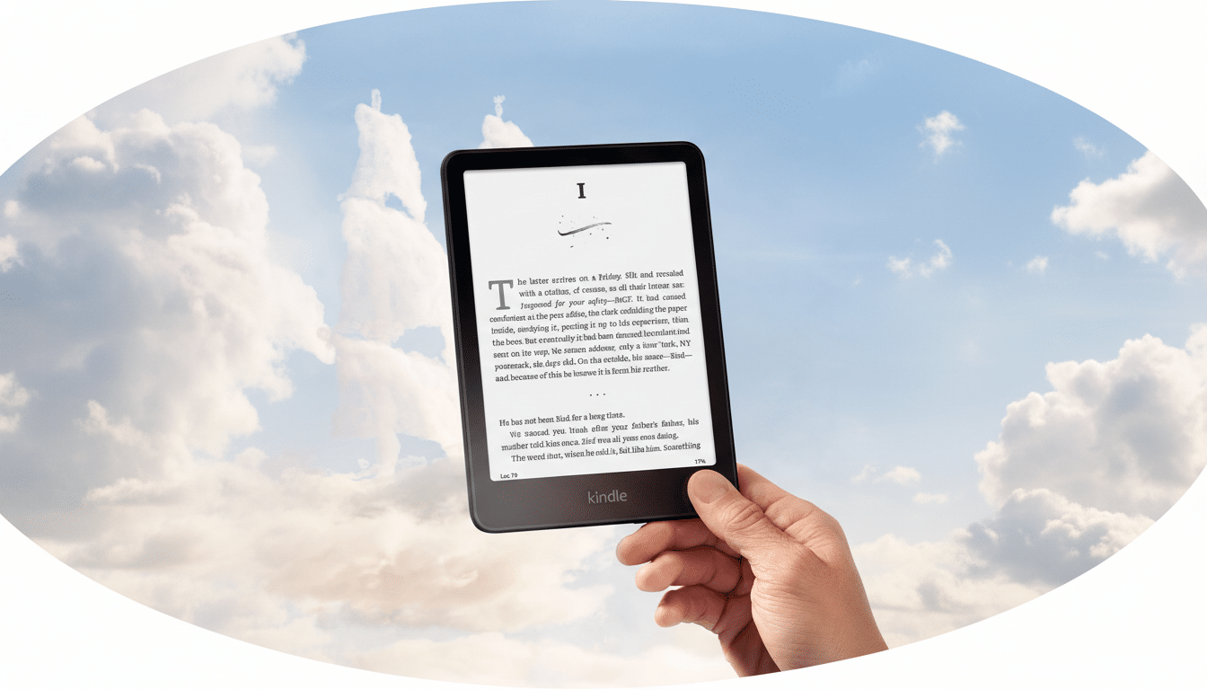 A hand holding a Kindle e-reader against a cloudy sky, resized to a 16:9 aspect ratio.