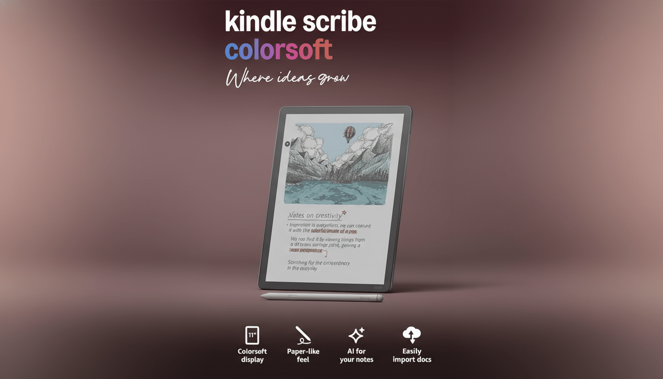 A Kindle Scribe tablet with a stylus, displaying Notes on creativity and an illustration of mountains and a lake with a hot air balloon. The background is a professional flat design with a soft gradient. Below the tablet are four icons with text: 11 Colorsoft display, Paper-like feel, AI for your notes, and Easily import docs.