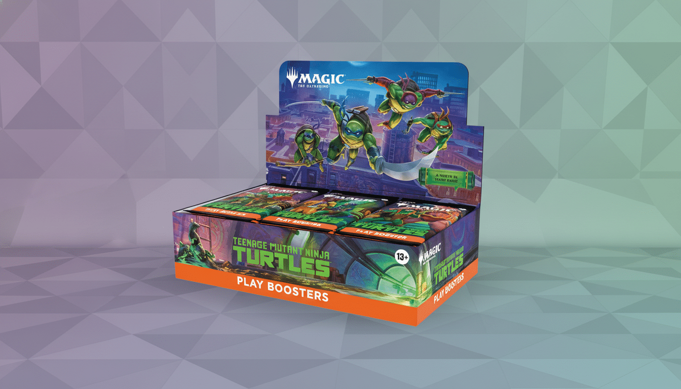 A display box of Magic: The Gathering Play Boosters featuring Teenage Mutant Ninja Turtles, set against a professional flat design background with soft patterns and gradients.