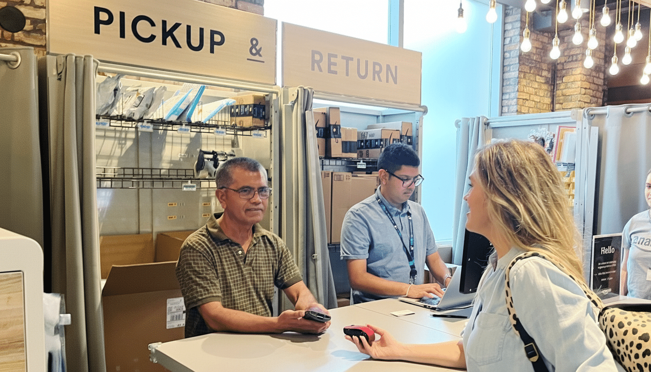 A man and a woman interacting at a counter with PICKUP & RETURN signs above, and another man working on a laptop in the background.