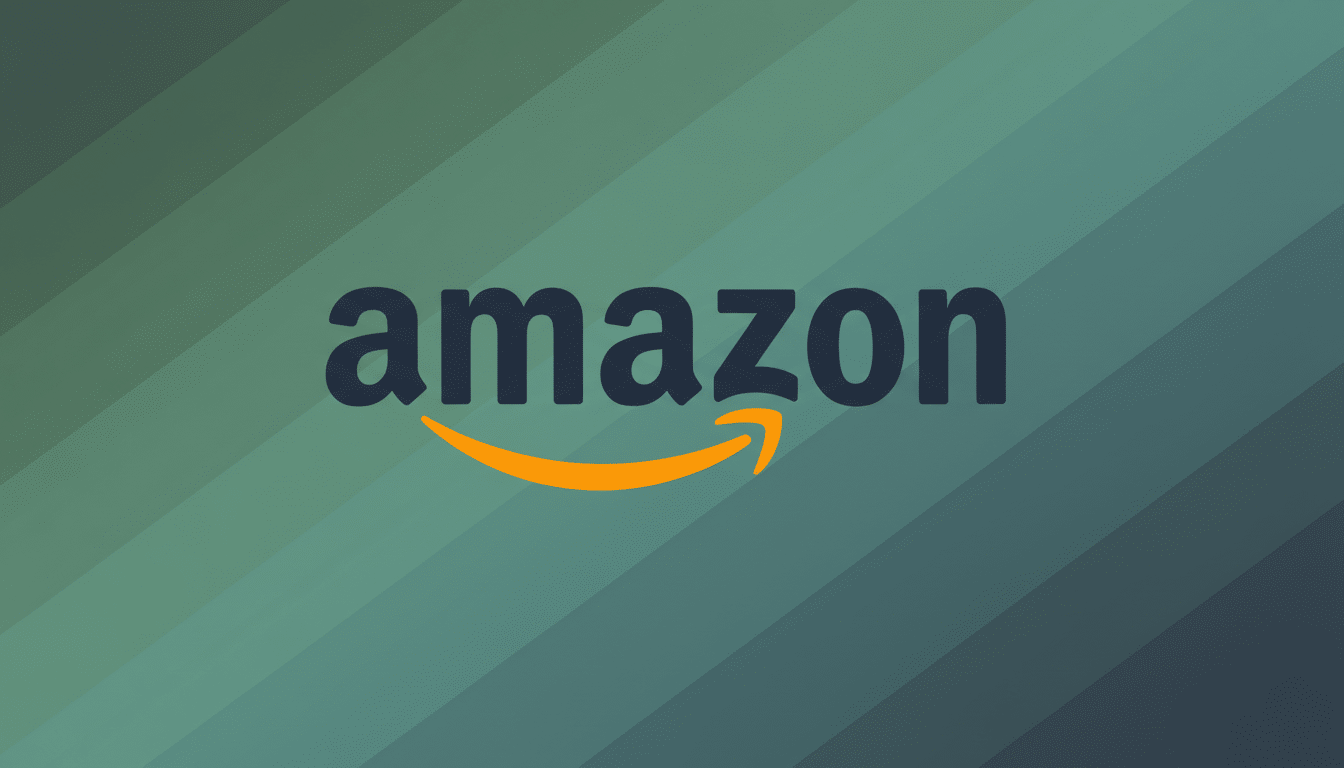 The Amazon logo, featuring the word amazon in dark blue with an orange arrow curving from the a to the z, set against a professional 16:9 aspect ratio background with soft, diagonal green and blue gradients.