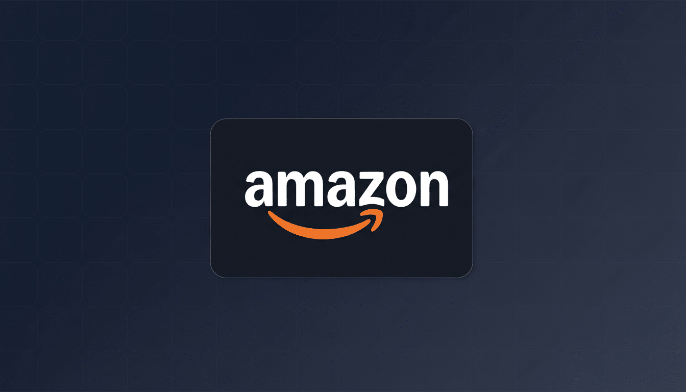 The Amazon logo, featuring the word amazon in white with an orange arrow curving from the a to the z, centered on a dark blue background with a subtle grid pattern.