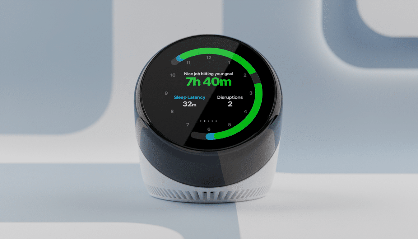 A smart alarm clock displaying sleep data, including Nice job hitting your goal 7h 40m, Sleep Latency 32m, and Disruptions 2, set against a professional flat design background with soft patterns.