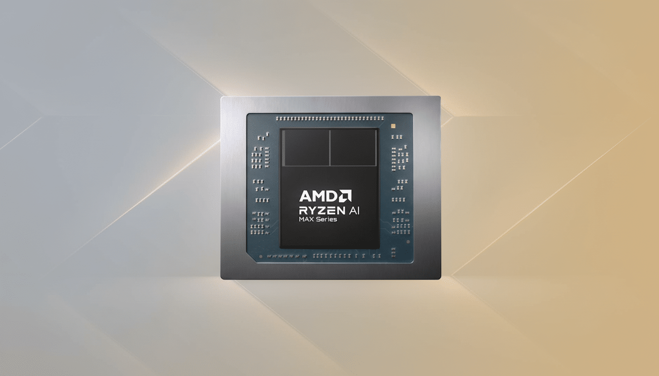 A professional 16:9 aspect ratio image of an AMD Ryzen AI MAX Series chip on a soft gradient background.