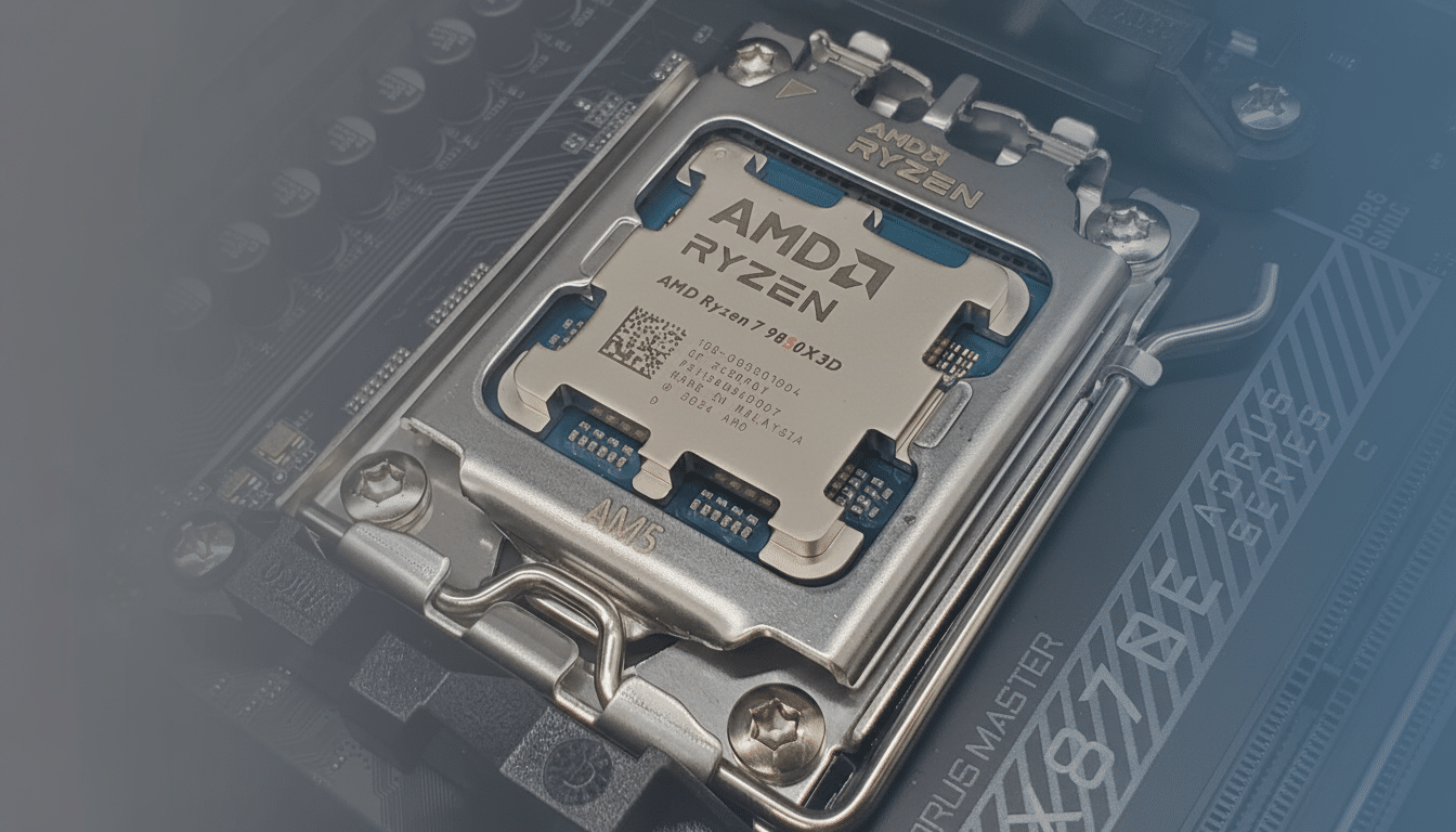 A close-up of an AMD Ryzen 7 9850X3D processor installed in a motherboard, with a professional blue gradient background.