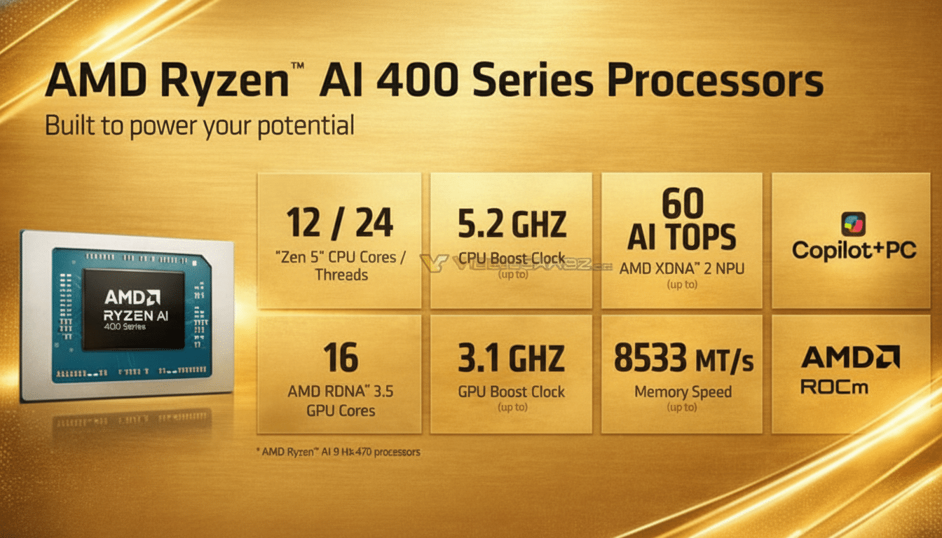 AMD Ryzen AI 400 Series Processors promotional image with specifications.