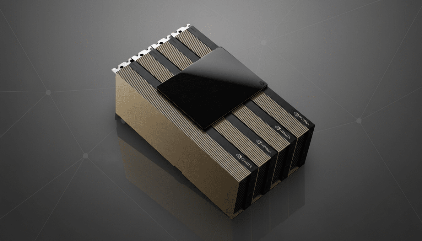 A professional, enhanced image of an NVIDIA GPU with a 16:9 aspect ratio, featuring a subtle gradient background with soft geometric patterns.