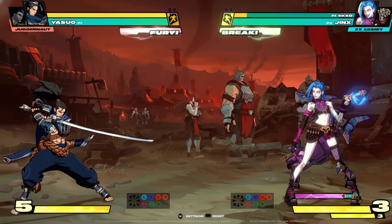 A screenshot from a fighting video game, showing two characters, Yasuo and Jinx, in a battle arena.