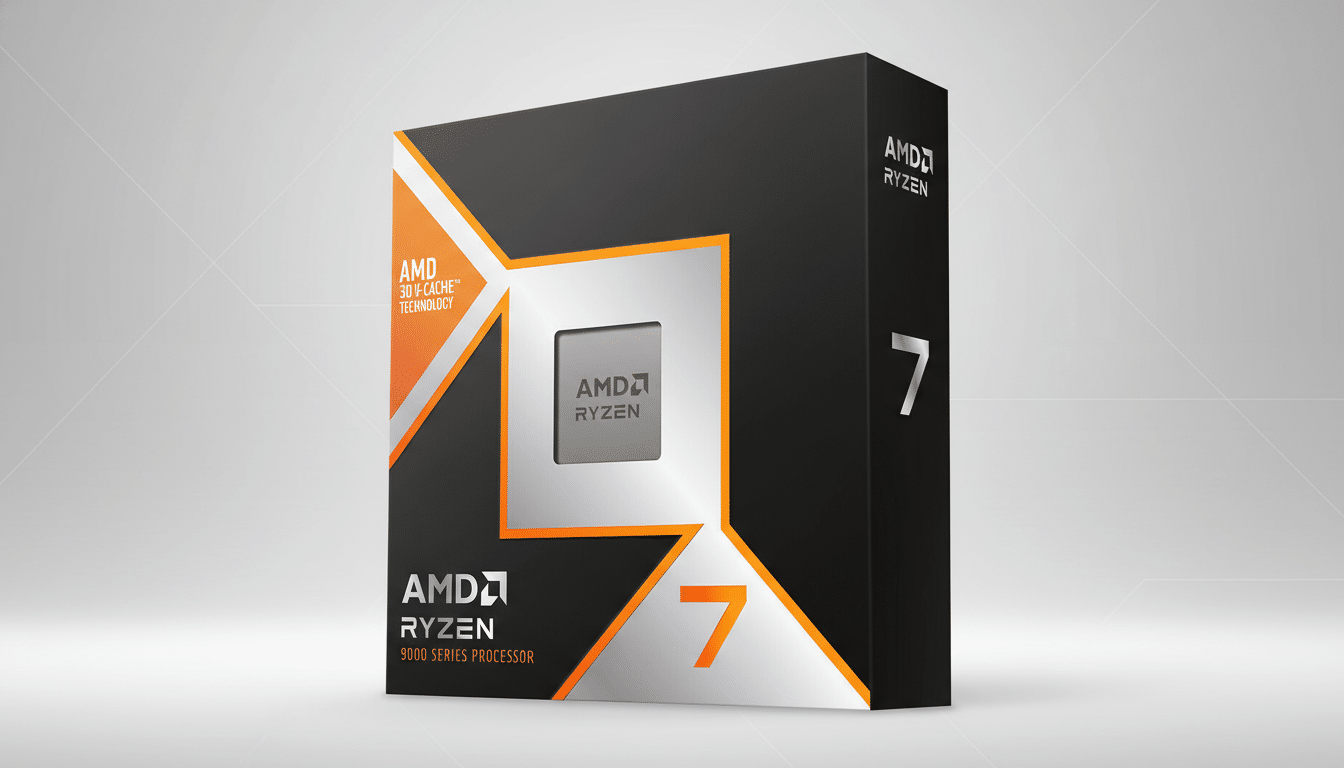A 16:9 aspect ratio image of an AMD Ryzen 7 9000 Series Processor box, featuring a professional flat design background with soft gradients.
